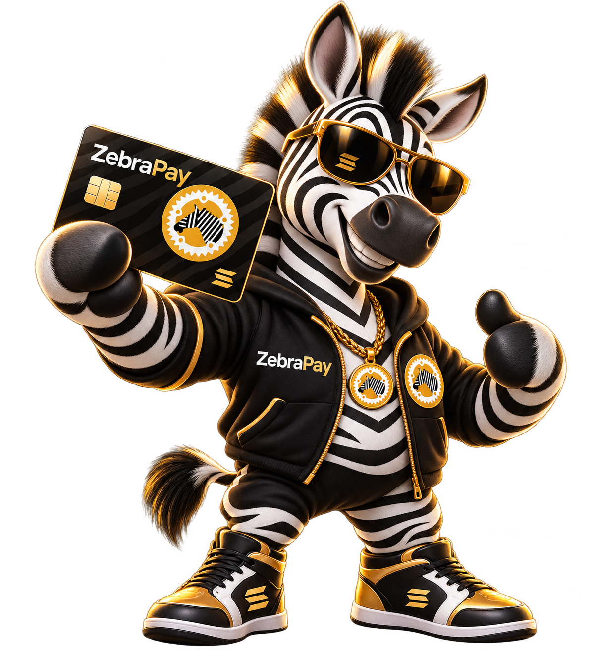 ZebraPay zebra mascot holding a payment card